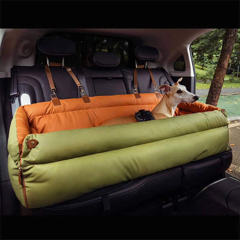 Dog Luxury Car Seat Bed Double Seat Booster with Safety Buckle Faux Leather Travel Bed - Colour: green/orange