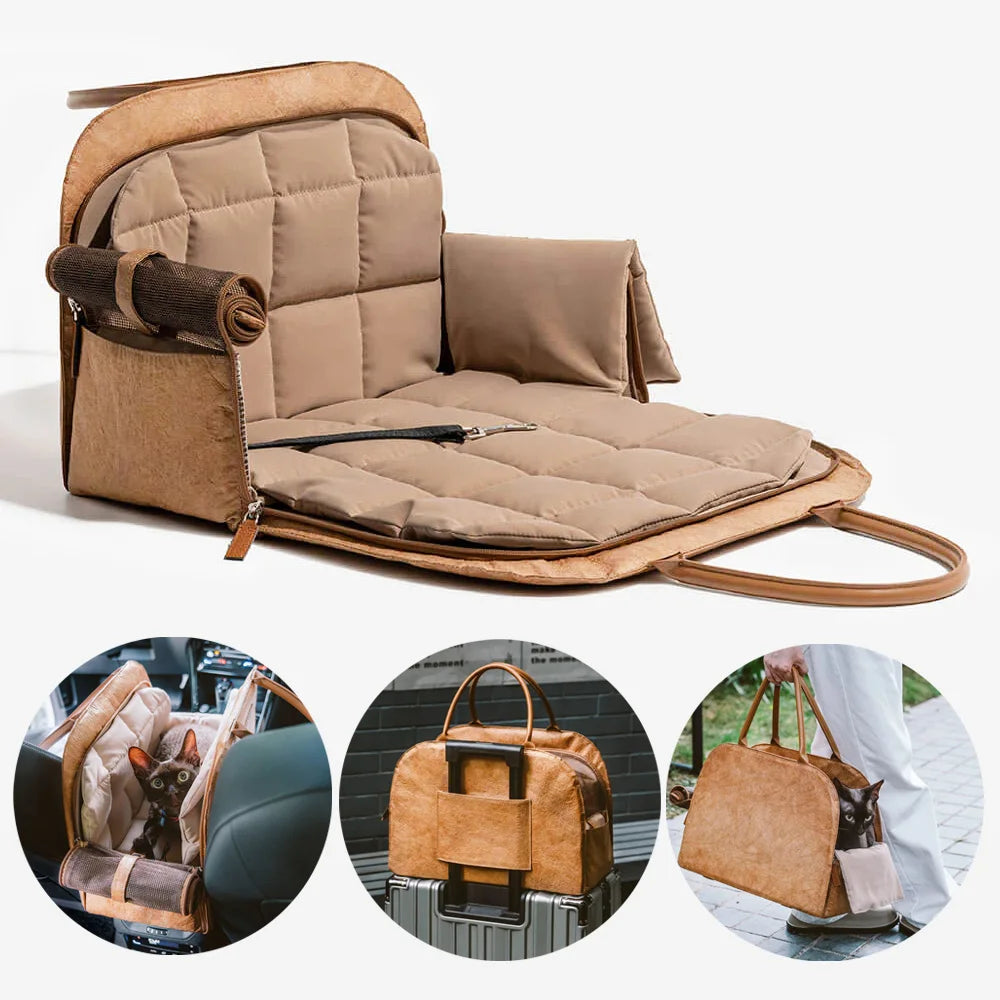 Pet Carrier Bag for Small Dogs up to 6kg Windproof Leather Brown