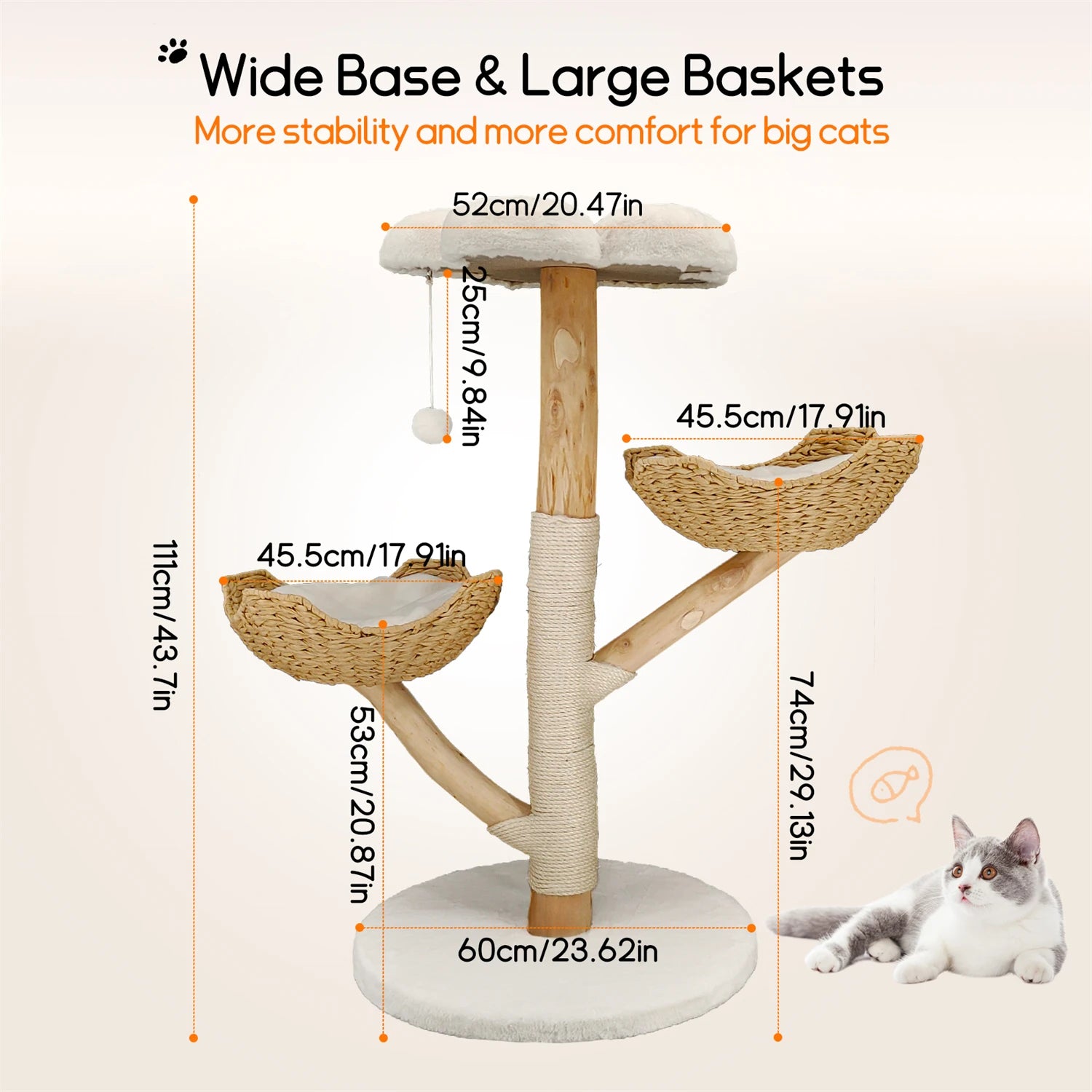 Wooden Indoor Cat Tree Tower 3 Tier Activity Centre with Scratching Post Plush Bed and Hanging Toy - White