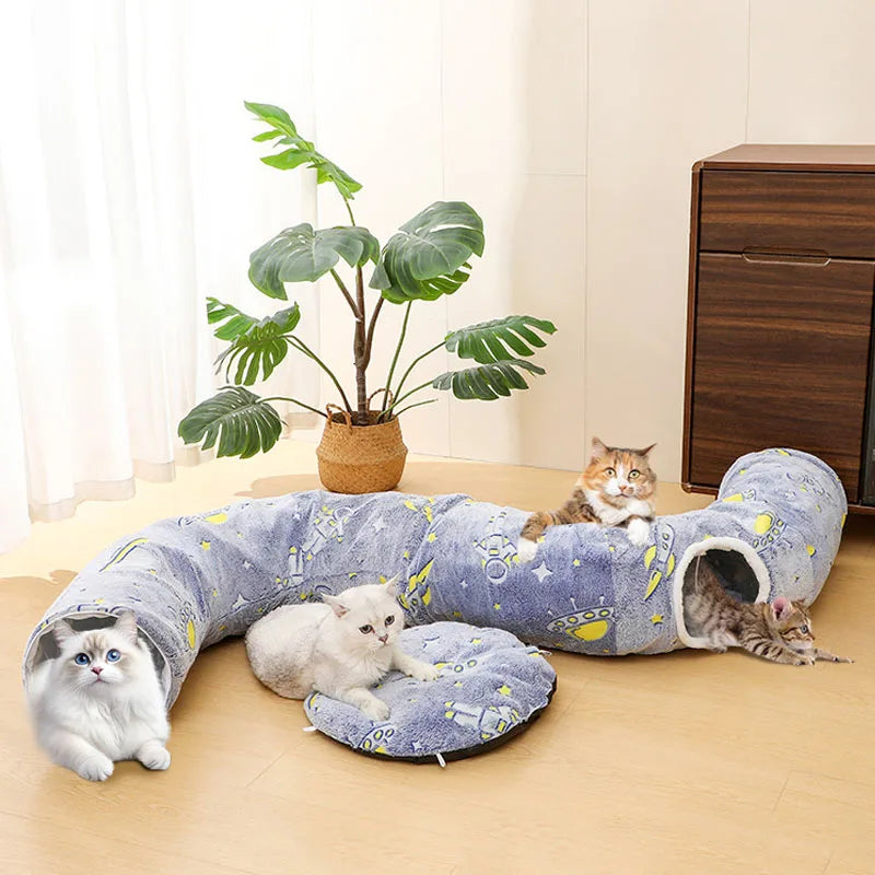Multi Entry Cat Tunnel Bed Foldable Soft Cloth Play Cave with Removable Sleeping - Grey