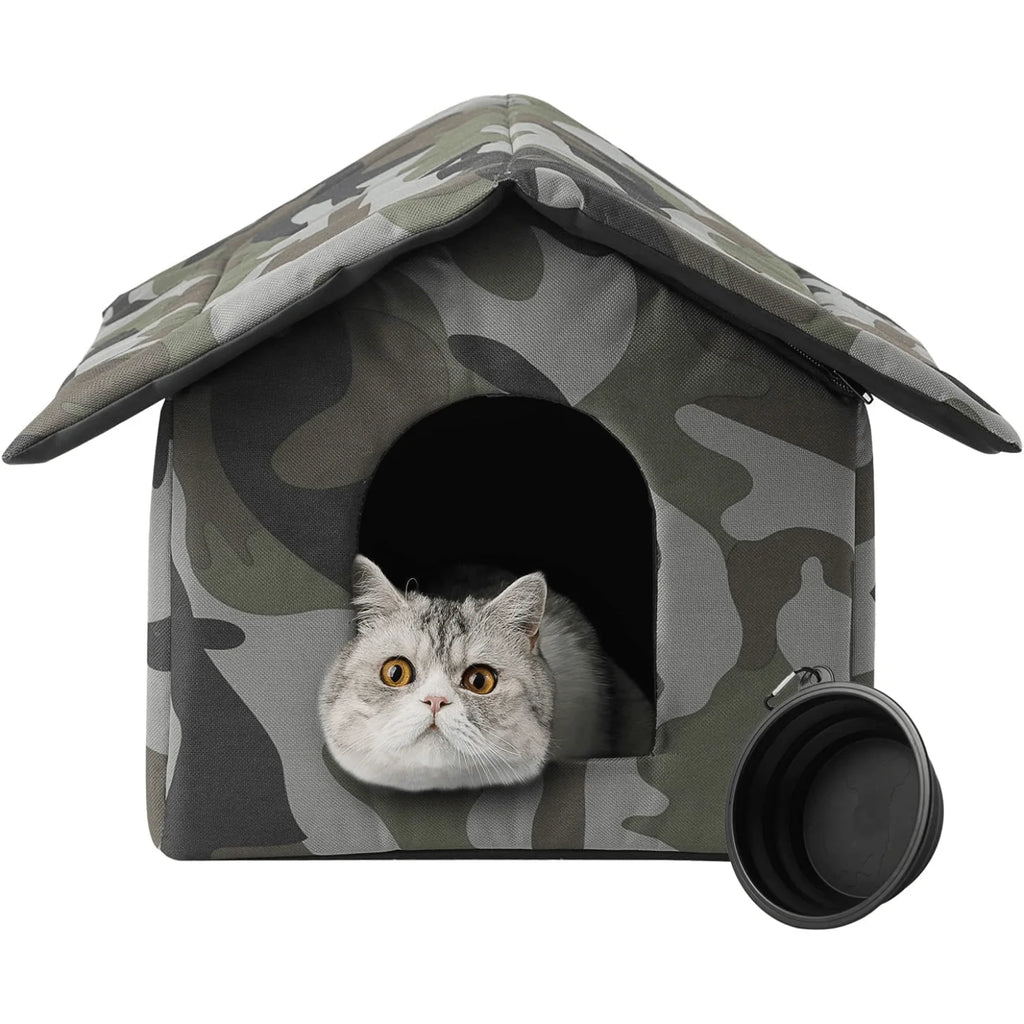 Outdoor Cat Shelter Foldable Pet House, Portable Design. With one bowl