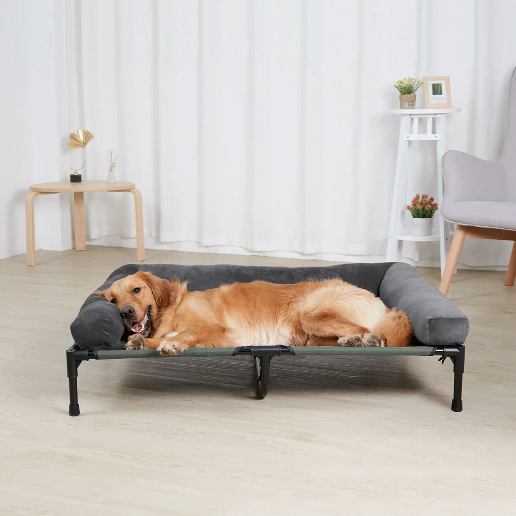 Elevated Pet Bed for Dogs and Cats with Detachable Bolster Breathable Summer Lounger Indoor and Outdoor - Grey/Black/Green