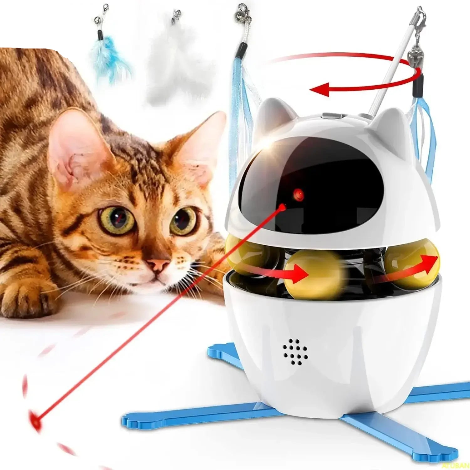 Interactive Cat laser Toy, Electric Rotating Ball with Feather and Multi Mode Play
