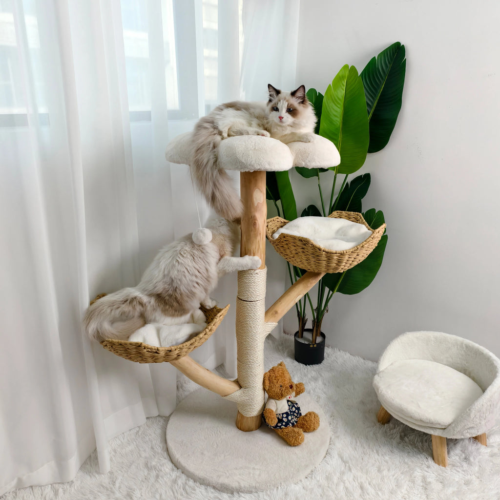 Wooden Indoor Cat Tree Tower 3 Tier Activity Centre with Scratching Post Plush Bed and Hanging Toy - White