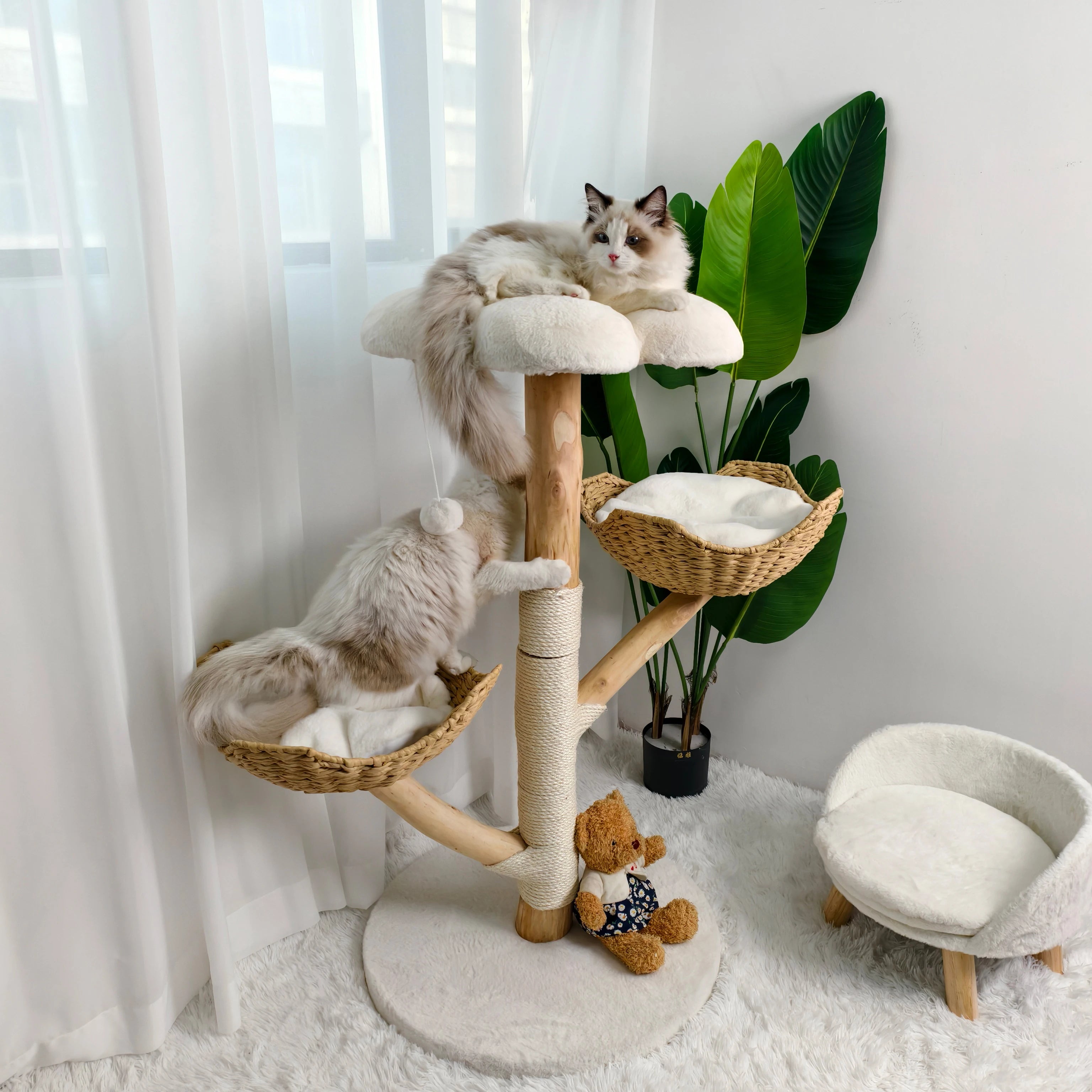 Wooden Indoor Cat Tree Tower 3 Tier Activity Centre with Scratching Post Plush Bed and Hanging Toy - White
