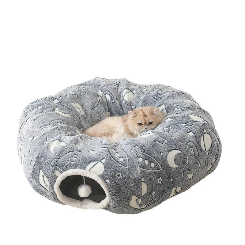 Multi Entry Cat Tunnel Bed Foldable Soft Cloth Play Cave with Removable Sleeping - Grey