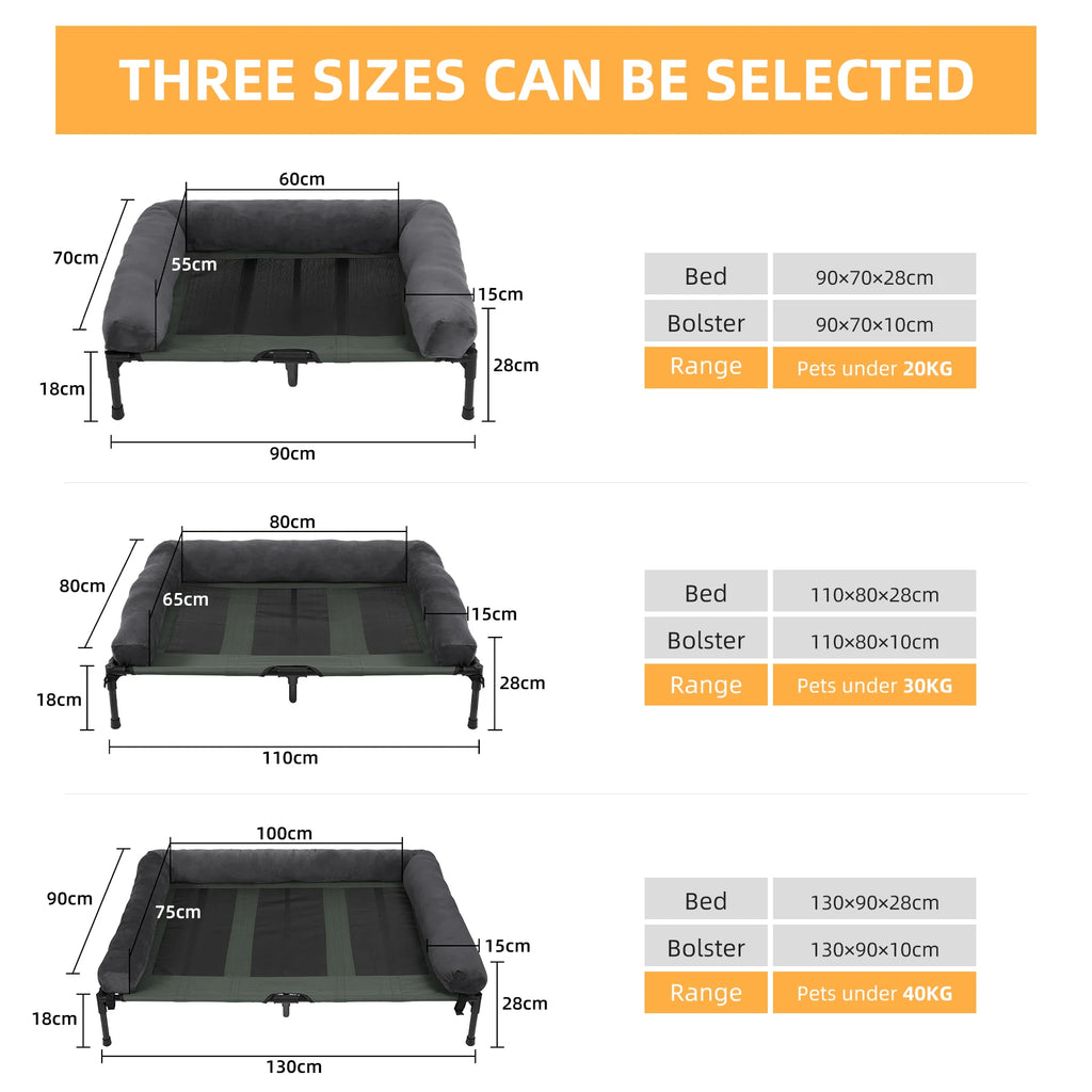 Elevated Pet Bed for Dogs and Cats with Detachable Bolster Breathable Summer Lounger Indoor and Outdoor - Grey/Black/Green