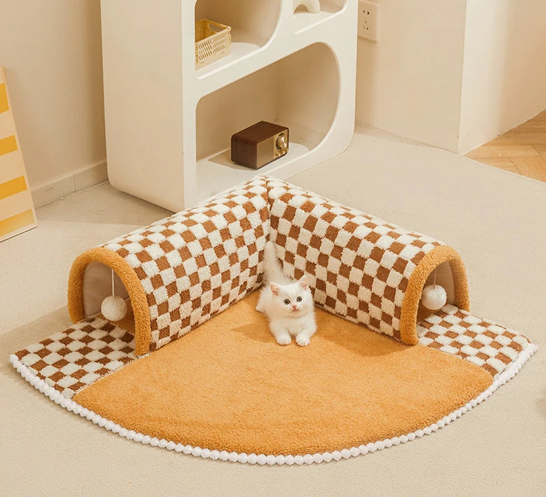 Cat Tunnel Bed Cushioned Foldable Plush Pet Nest for Indoor Cats