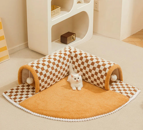 Cat Tunnel Bed Cushioned Foldable Plush Pet Nest for Indoor Cats