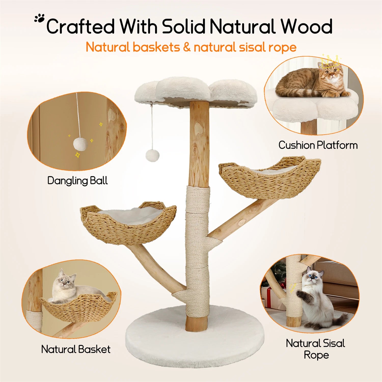 Wooden Indoor Cat Tree Tower 3 Tier Activity Centre with Scratching Post Plush Bed and Hanging Toy - White