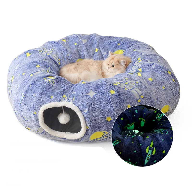 Multi Entry Cat Tunnel Bed Foldable Soft Cloth Play Cave with Removable Sleeping - Blue