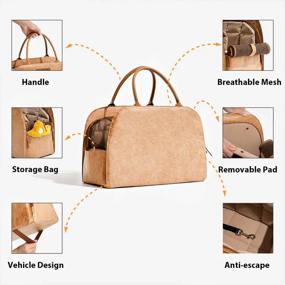 Pet Carrier Bag for Small Dogs up to 6kg Windproof Leather Brown