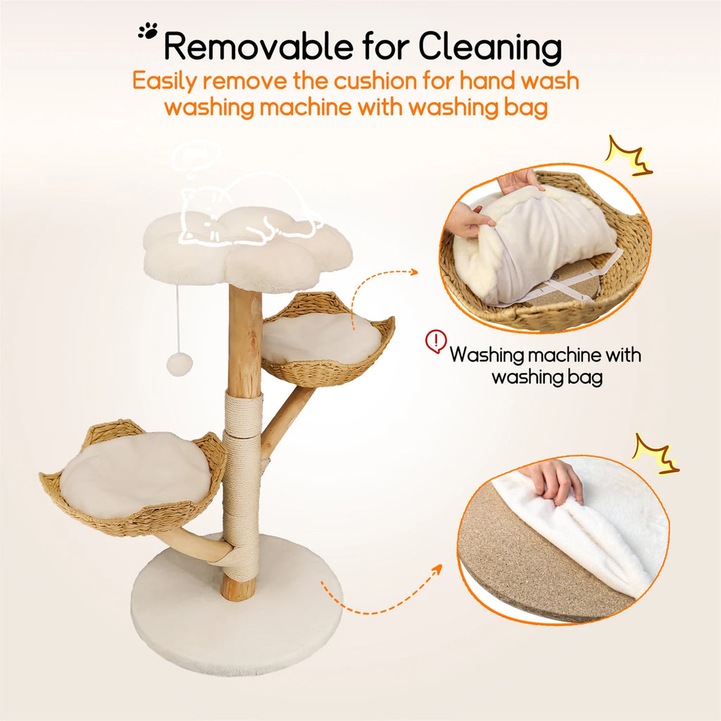 Wooden Indoor Cat Tree Tower 3 Tier Activity Centre with Scratching Post Plush Bed and Hanging Toy - White