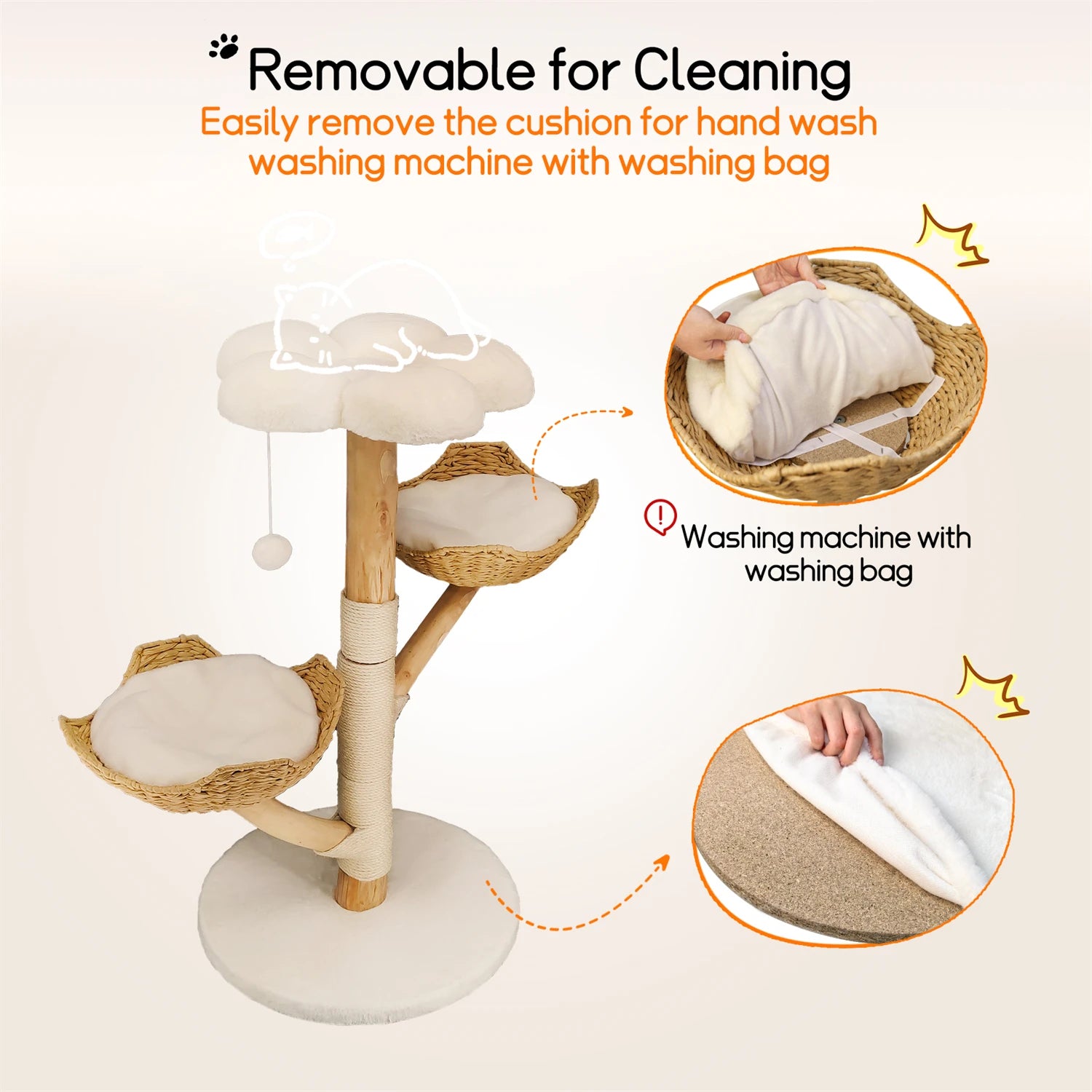 Wooden Indoor Cat Tree Tower 3 Tier Activity Centre with Scratching Post Plush Bed and Hanging Toy - White
