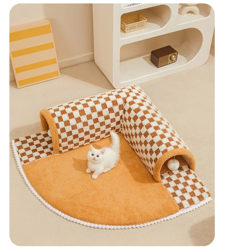 Cat Tunnel Bed Cushioned Foldable Plush Pet Nest for Indoor Cats