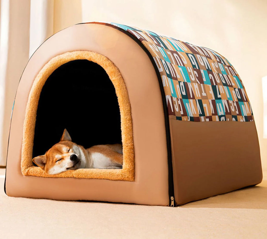 Large Dog House Winter Warm Insulated Outdoor Dog Kennel for Extra Big Dogs Weatherproof Heated Pet Shelter with Removable Roof light brown with colour letters