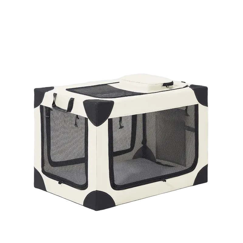 Pet Portable Foldable Dog Travel Cage with Zipper Closure - Beige