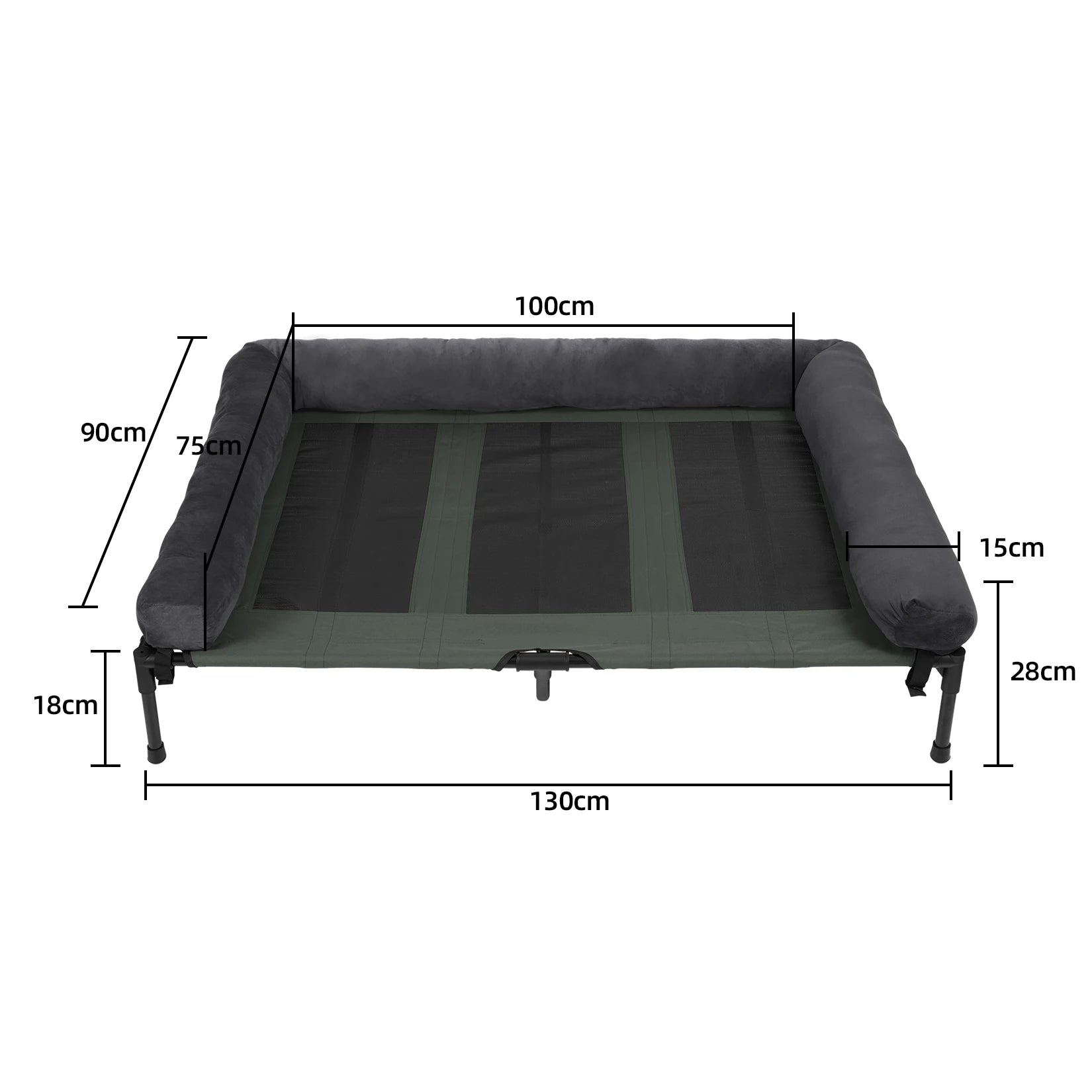 Elevated Pet Bed for Dogs and Cats with Detachable Bolster Breathable Summer Lounger Indoor and Outdoor - Grey/Black/Green