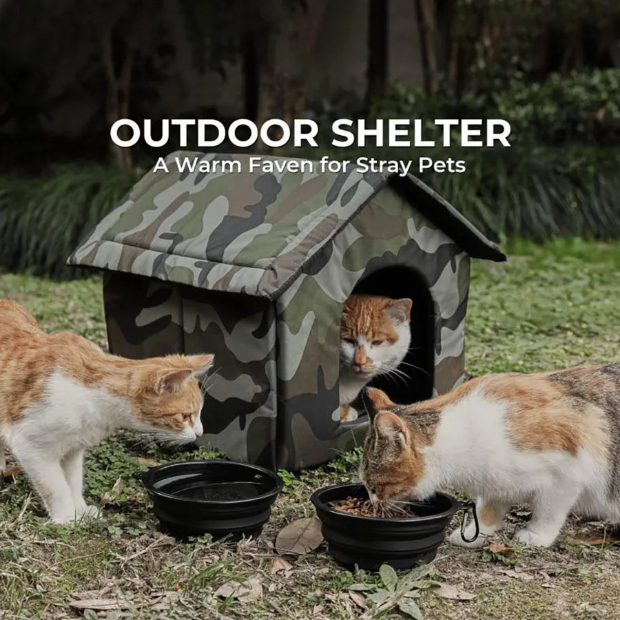 Outdoor Cat Shelter Foldable Pet House, Portable Design. With one bowl
