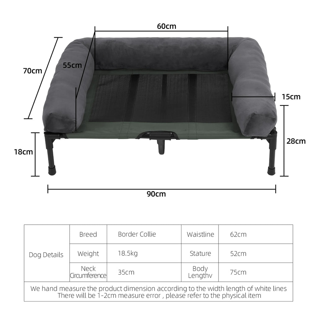 Elevated Pet Bed for Dogs and Cats with Detachable Bolster Breathable Summer Lounger Indoor and Outdoor - Grey/Black/Green