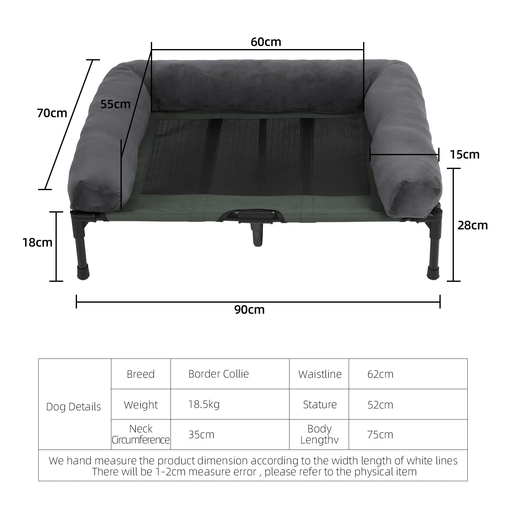 Elevated Pet Bed for Dogs and Cats with Detachable Bolster Breathable Summer Lounger Indoor and Outdoor - Grey/Black/Green