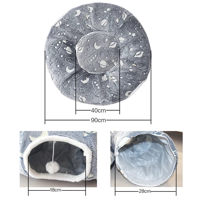Multi Entry Cat Tunnel Bed Foldable Soft Cloth Play Cave with Removable Sleeping - Grey